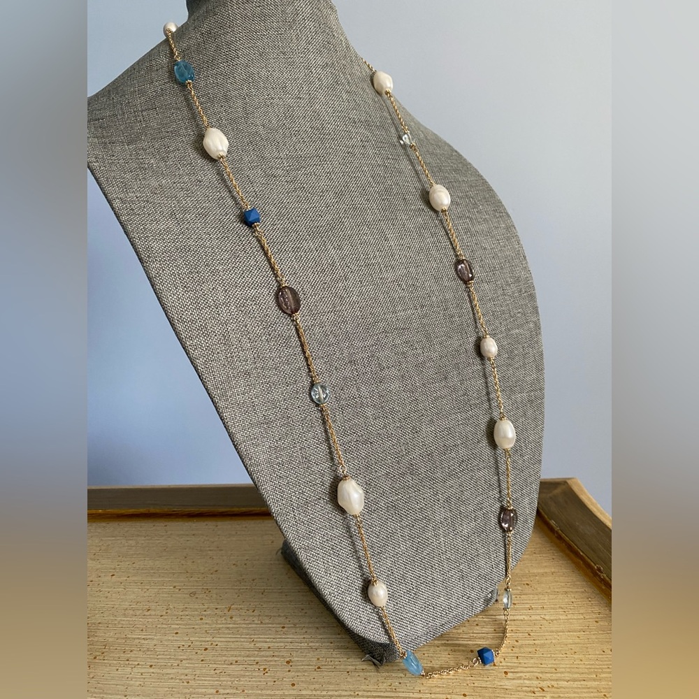 Branded Pearl and Blue Beaded Gold Necklace
